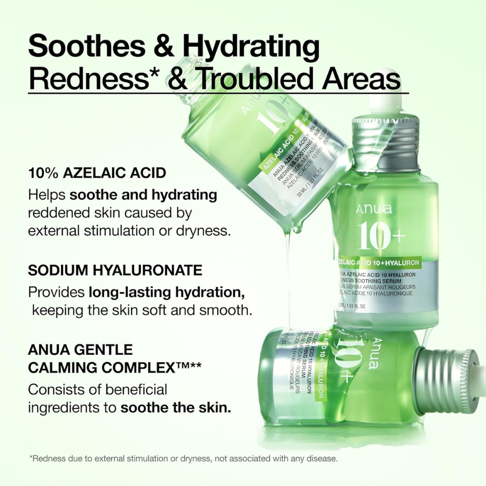 ANUA Azelaic Acid 10 Hyaluron Redness Soothing Serum in 30ml bottle, facial care product for redness and skin soothing.