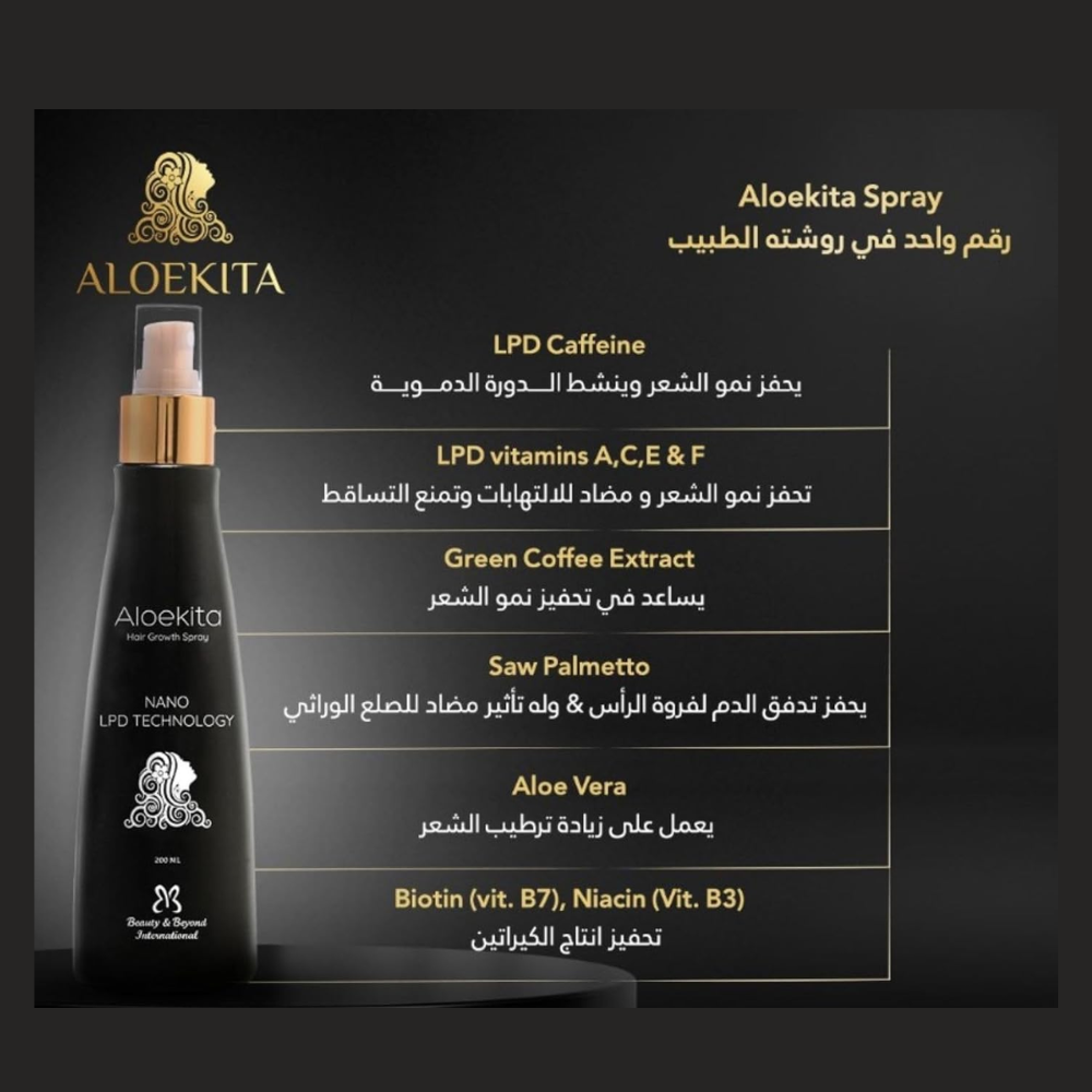 Aloekita Hair Growth Spray in black 200ml bottle, natural hair care product for promoting hair growth and scalp health.