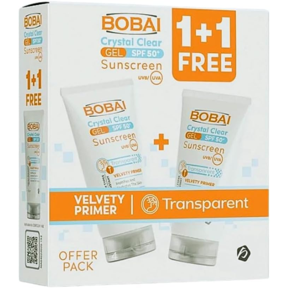 BOBAI crystal clear sunscreen gel SPF 50 in an offer pack, featuring a lightweight, transparent velvety facial primer for sun protection.