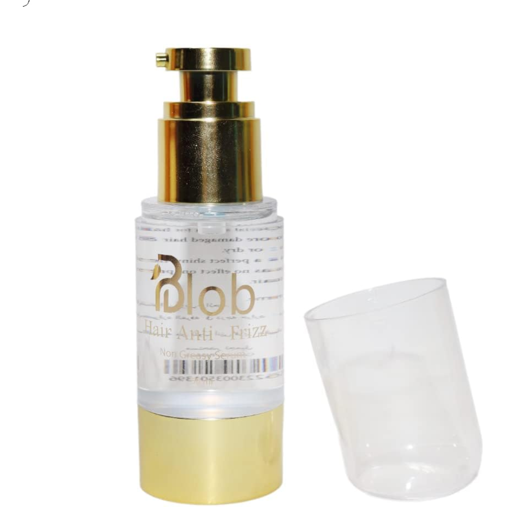 Blob Hair Anti-Frizz non-greasy serum in a 50ml bottle, shown in a sleek transparent container with a pump dispenser.