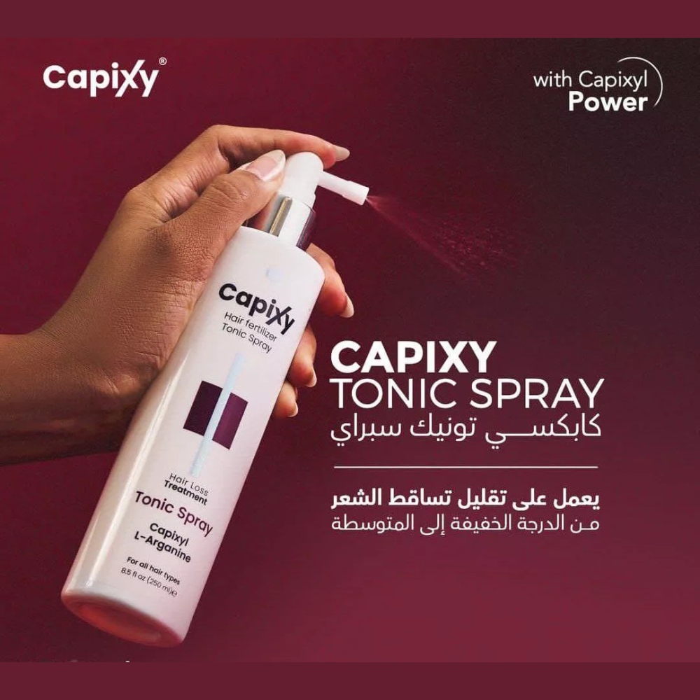 Capixy Hair Fertilizer Tonic Spray 250ml bottle, hair care product for scalp nourishment and hair growth stimulation.
