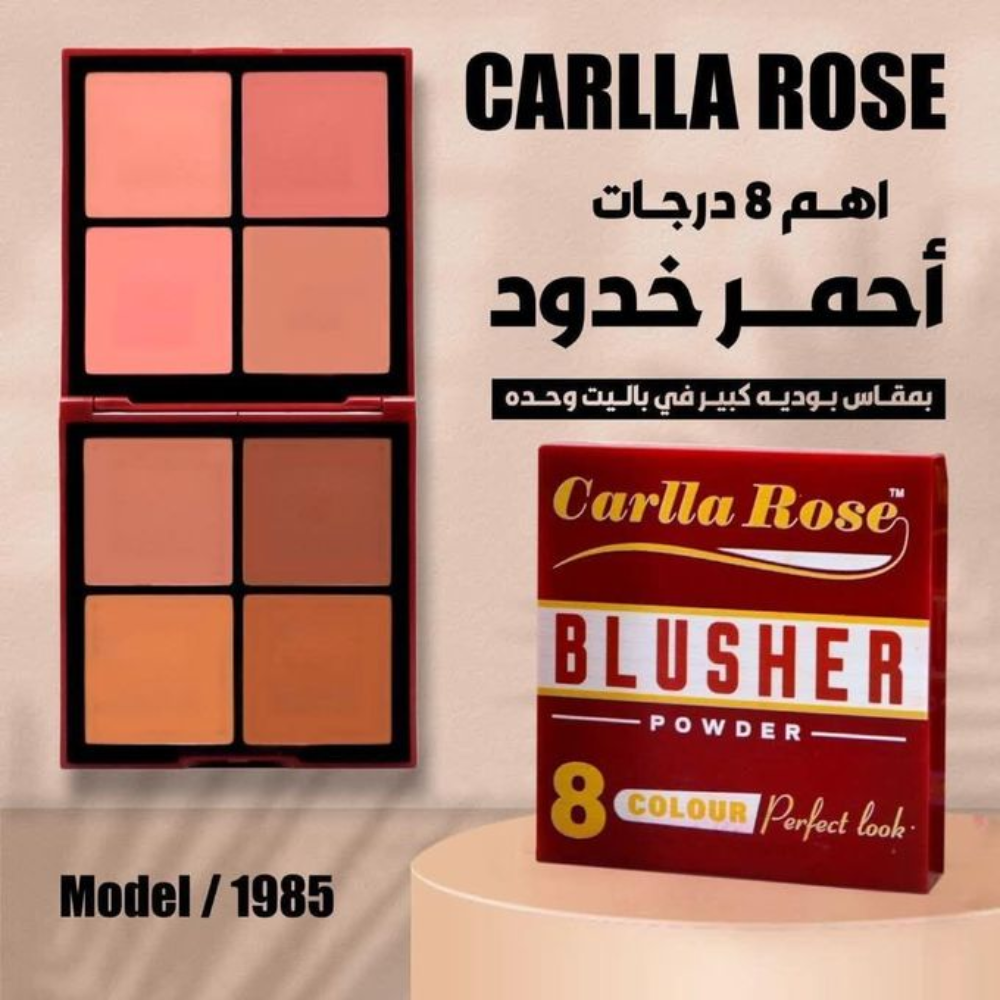 Carlla Rose makeup blusher powder palette with 8 color shades, featuring a variety of blush tones in a sleek compact.