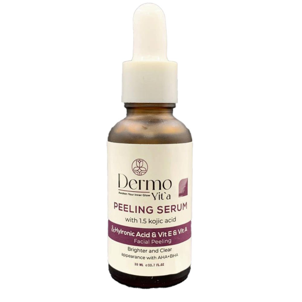 Dermovita Facial Peeling Serum 30ml bottle, clear liquid skincare product for facial exfoliation and rejuvenation.