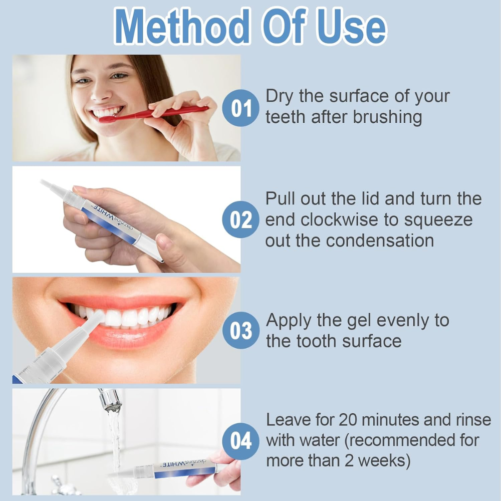 Dazzling White professional teeth whitening pen from Dazzling, with a sleek white design and applicator tip visible.