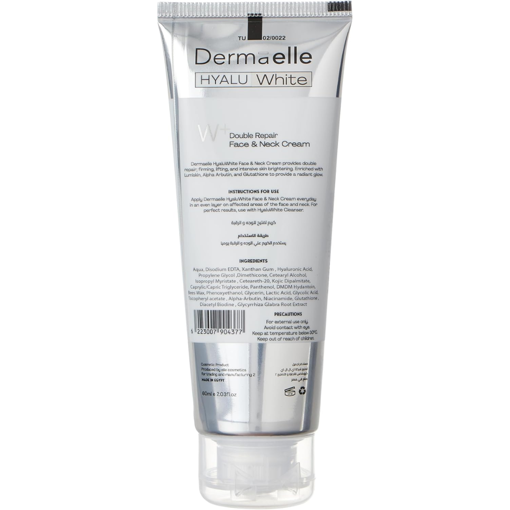 Dermaele Hyalu White W Double Repair Face & Neck Cream in a silver squeeze tube with a clear cap, shown from the back on a white background.
