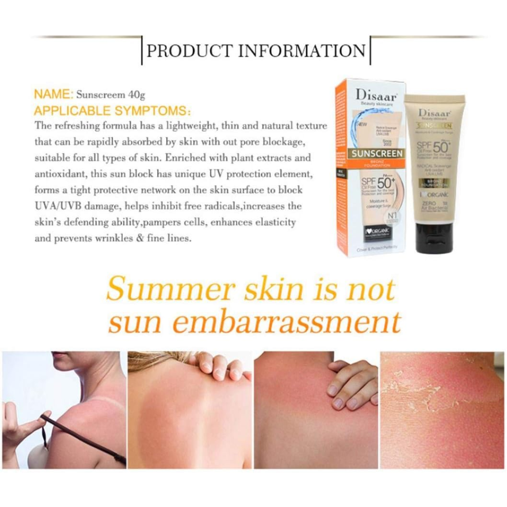 Disaar Beauty skincare SUNSCREEN BRONZ FOUNDATION SPF 50+ Oil Free Moisture Cover & Protect Perfectly 40g
