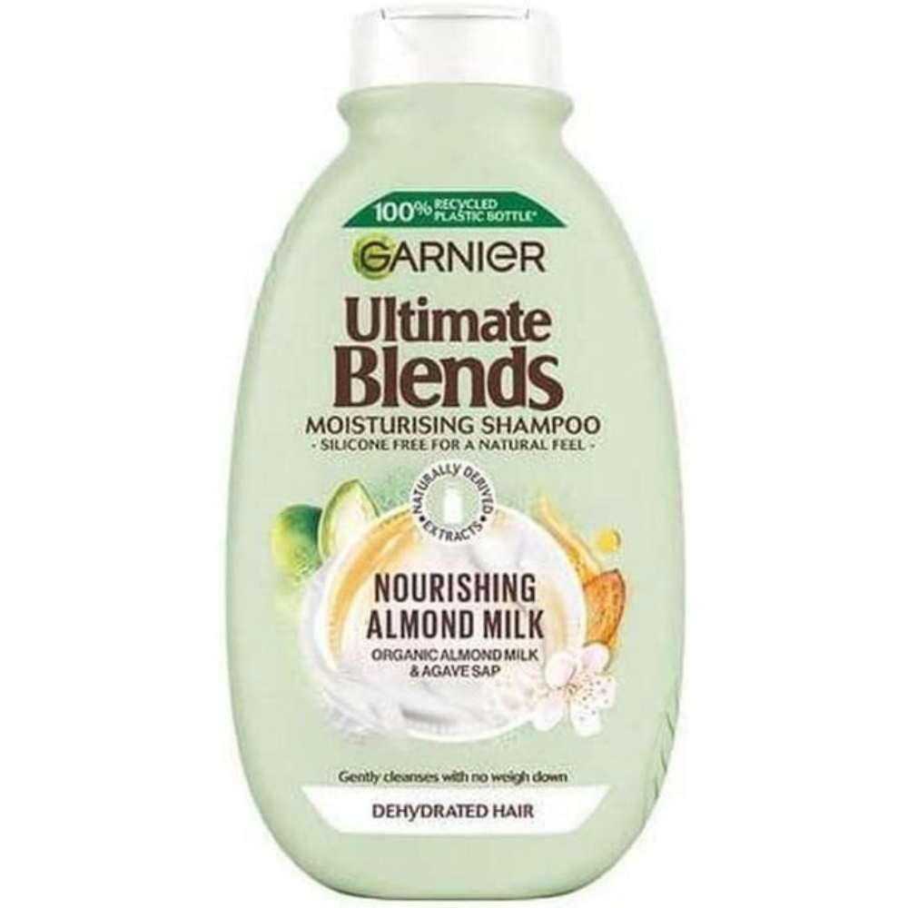 Garnier nourishing almond milk shampoo bottle for hair care, 400ml, with almond oil ingredients and natural hair nourishment.