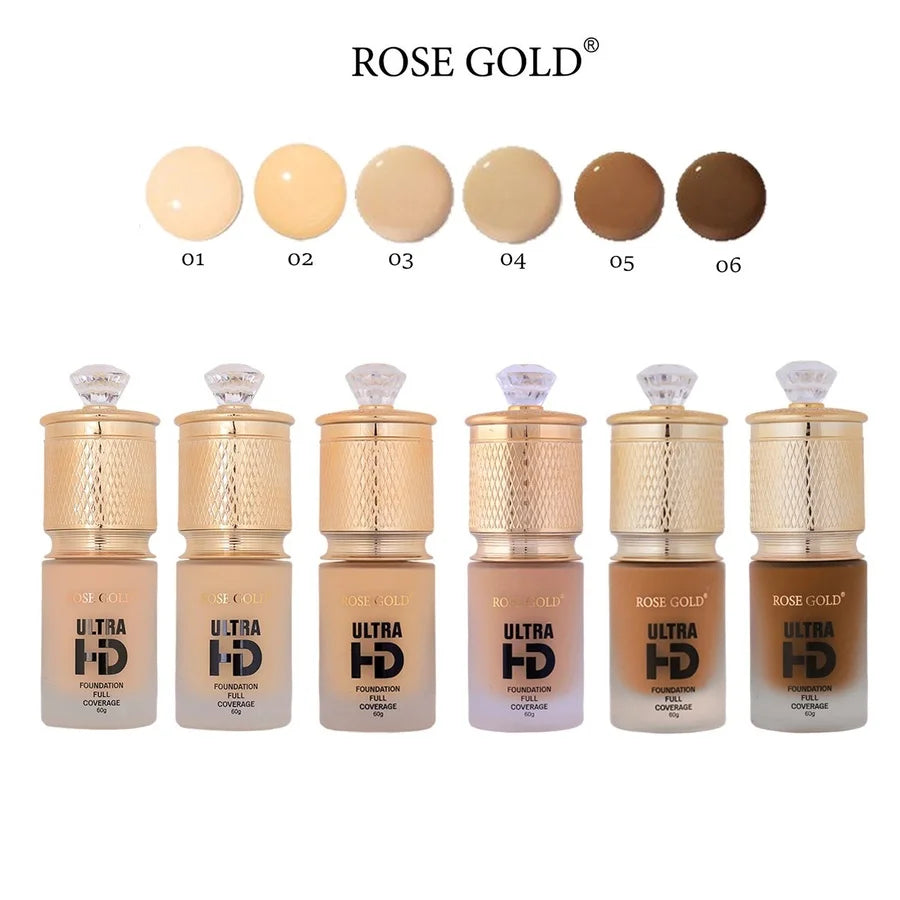 Rose gold Ultra HD foundation in 60g, color 01, showcasing smooth, creamy makeup texture in a sleek container.