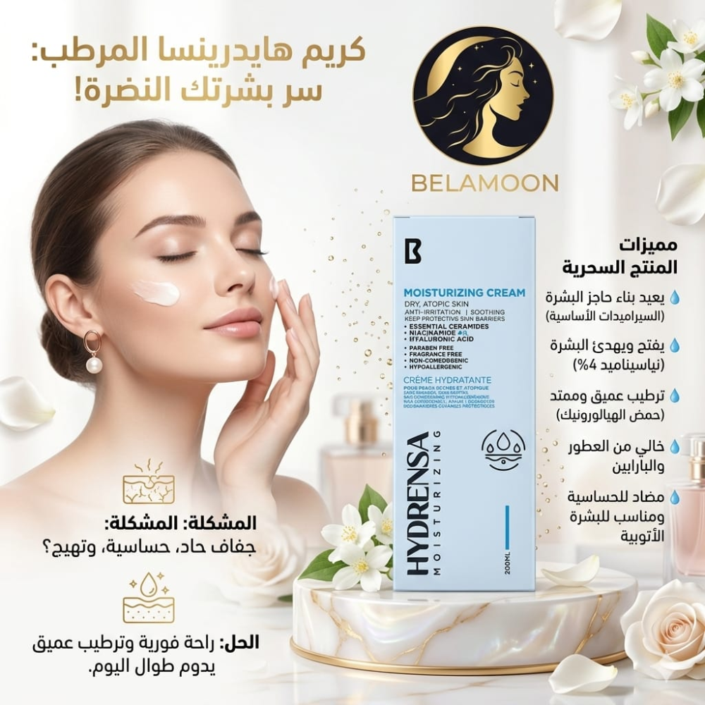 Hydrensa Moisturizing Cream 200ml jar showing smooth, creamy facial moisturizer for hydration and skin care.
