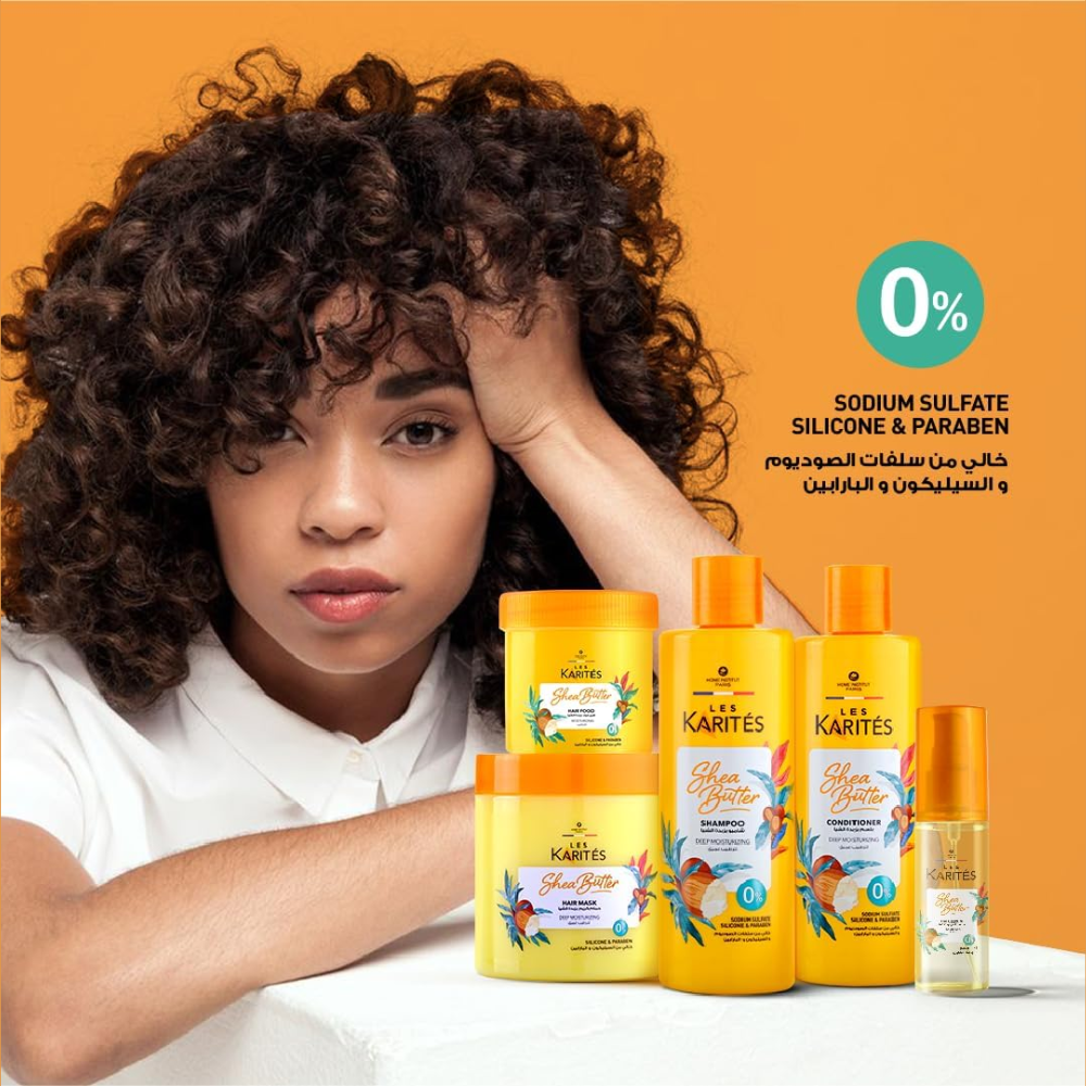 Karites Shea Butter Shampoo Deep Moisturizing 400 ml bottle, showing the product label and packaging for hair care.