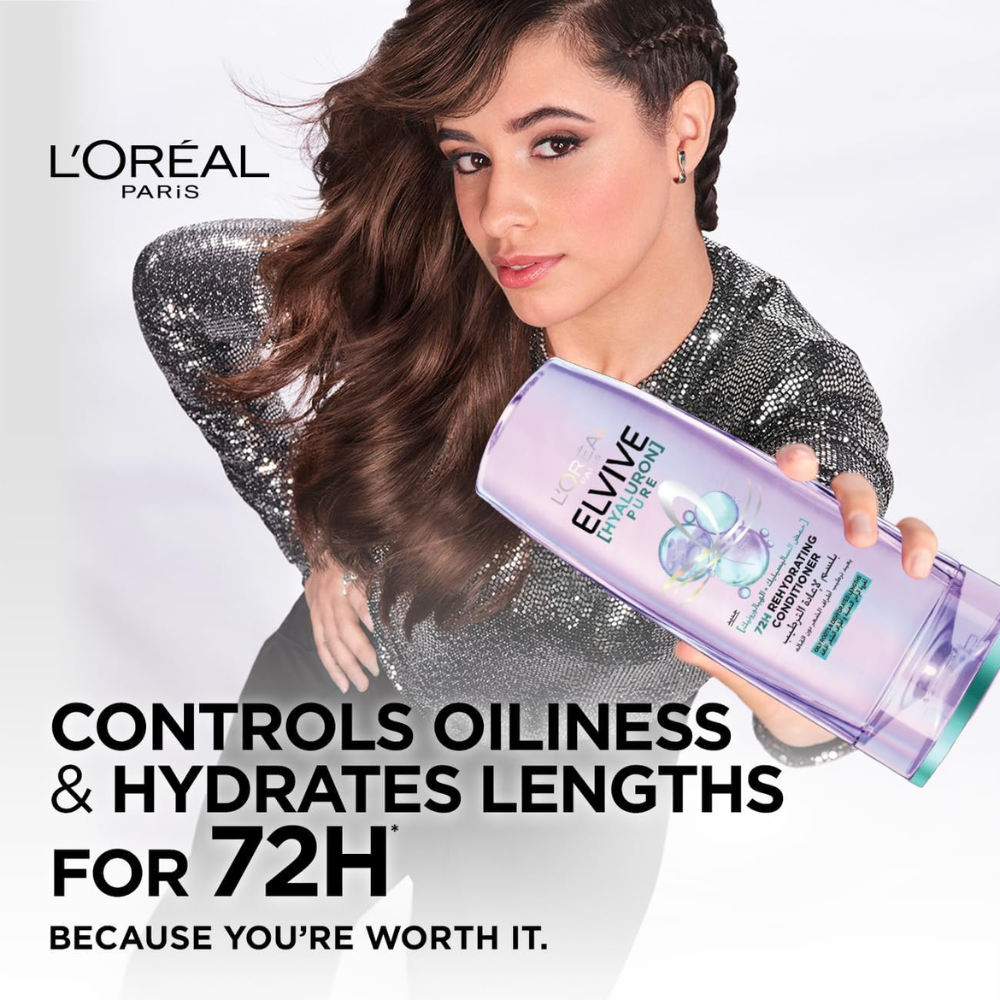 L’Oréal Paris Elvive Hyaluron Pure conditioner for oily hair in a 360ml bottle, shown with the product packaging and label.