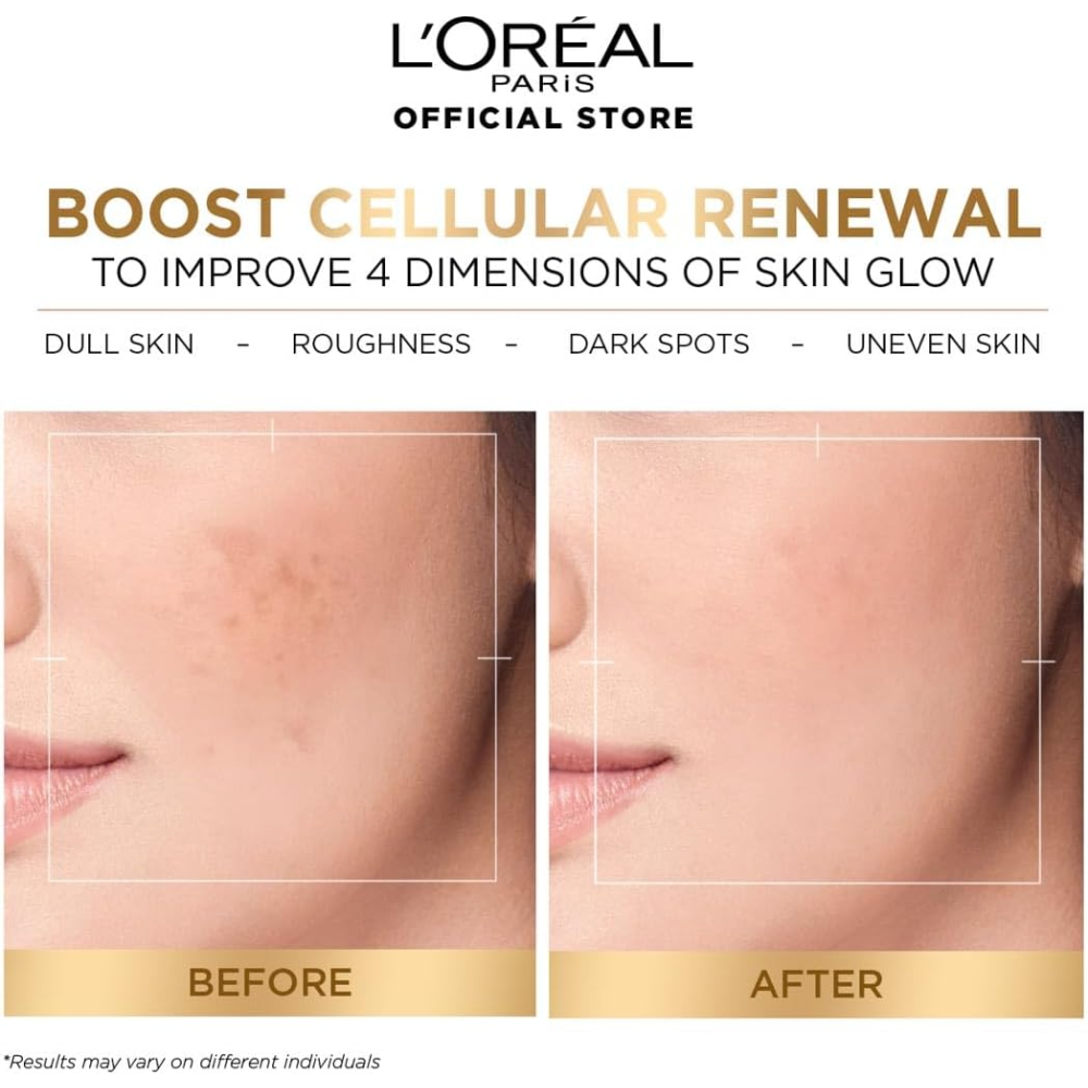 L’Oréal Paris Glycolic Bright Glowing Day Cream 50ml jar with white and gold packaging, showcasing facial care product.