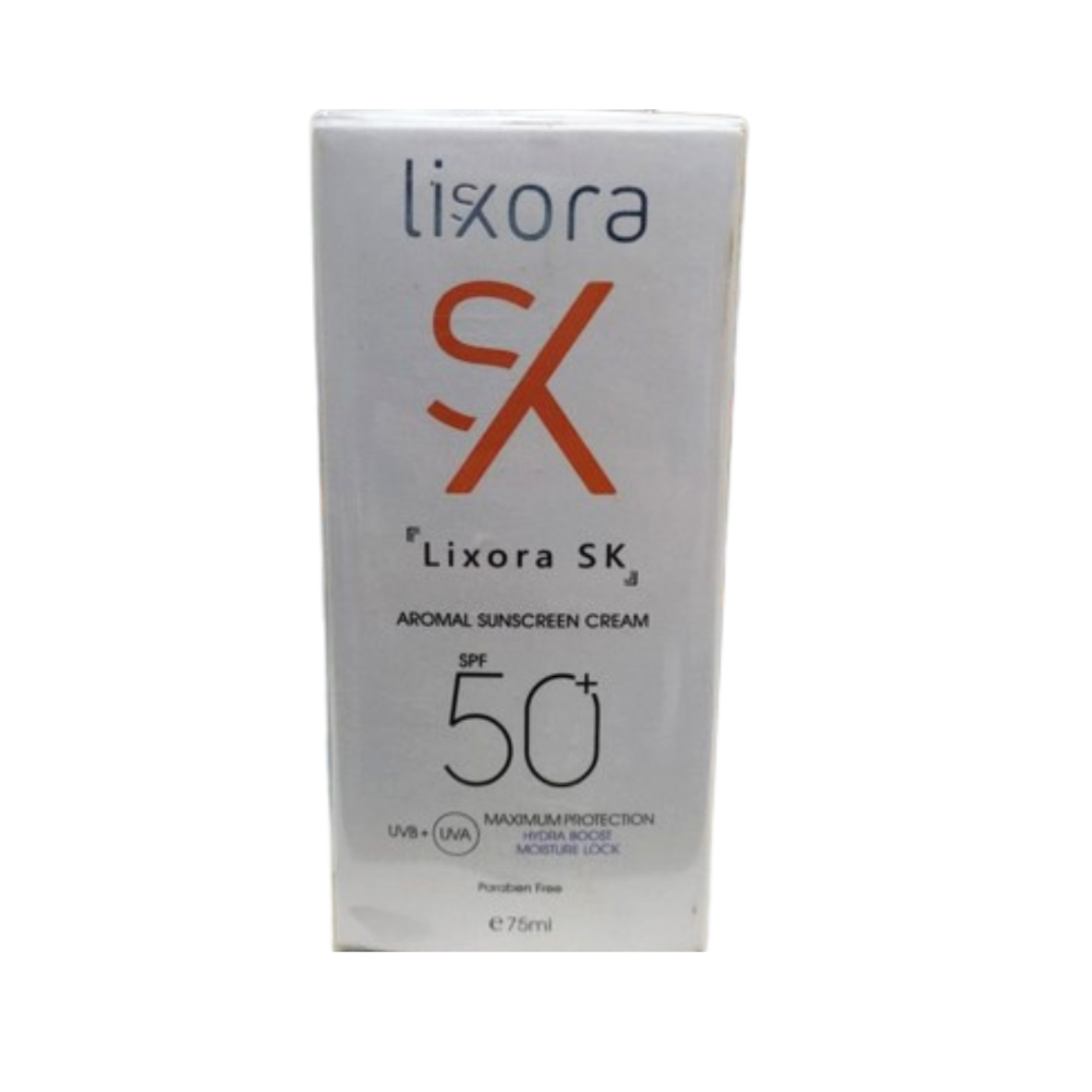 Lixora sunscreen gel SPF50+ in 75 ml tube, facial care product with smooth gel texture and broad-spectrum sun protection.