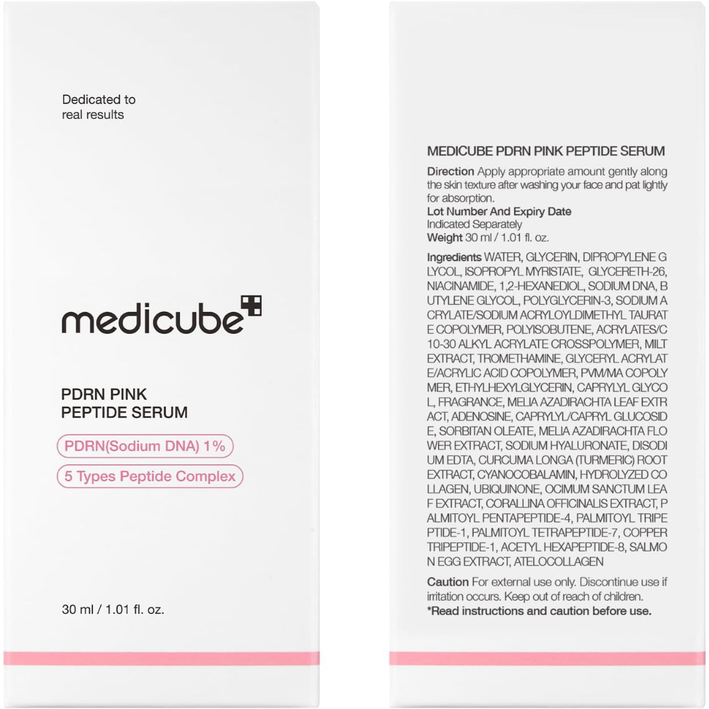 Medicube PDRN Pink Peptide Serum with Sodium DNA and 5-Peptide Complex, 30ml facial care product in a sleek bottle