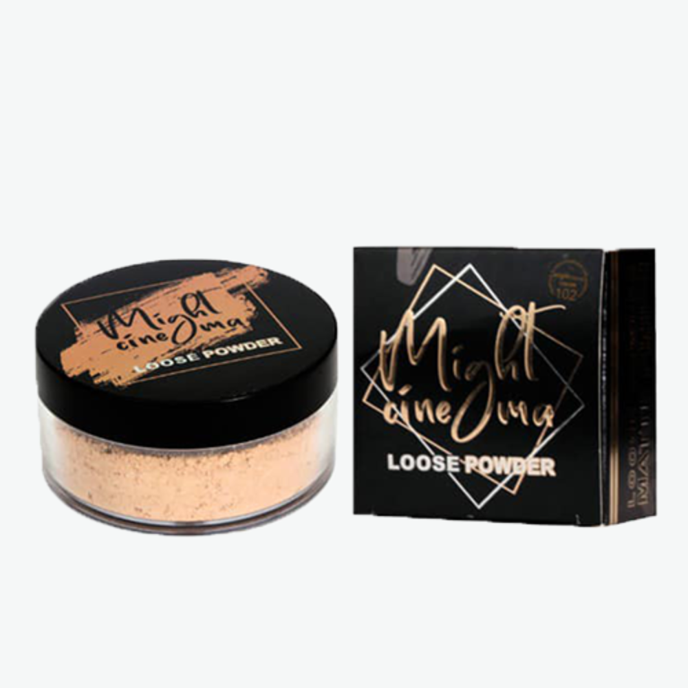 Might Cinema loose matte finish powder with sponge in shade 102, soft powder for a smooth, matte makeup look.