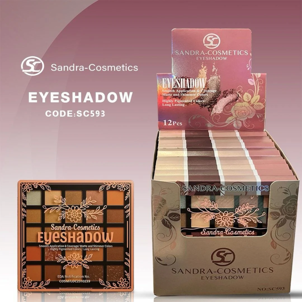 Sandra Cosmetics professional eyeshadow palette with 25 vibrant color shades, featuring a variety of matte and shimmer eyeshadows.