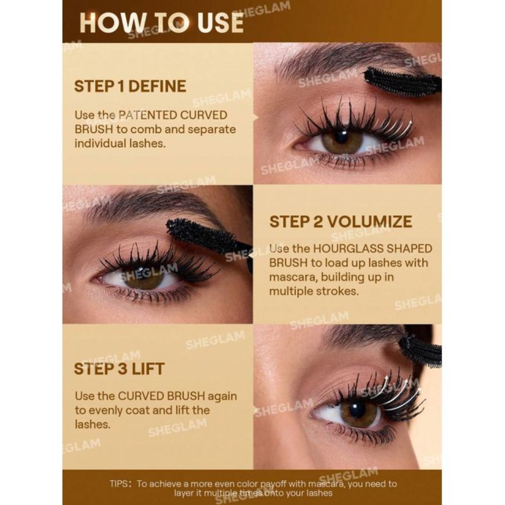 Sheglam 24K Multi Effect Waterproof Mascara in black with volumizing brush and sleek packaging, designed for dramatic lash enhancement.