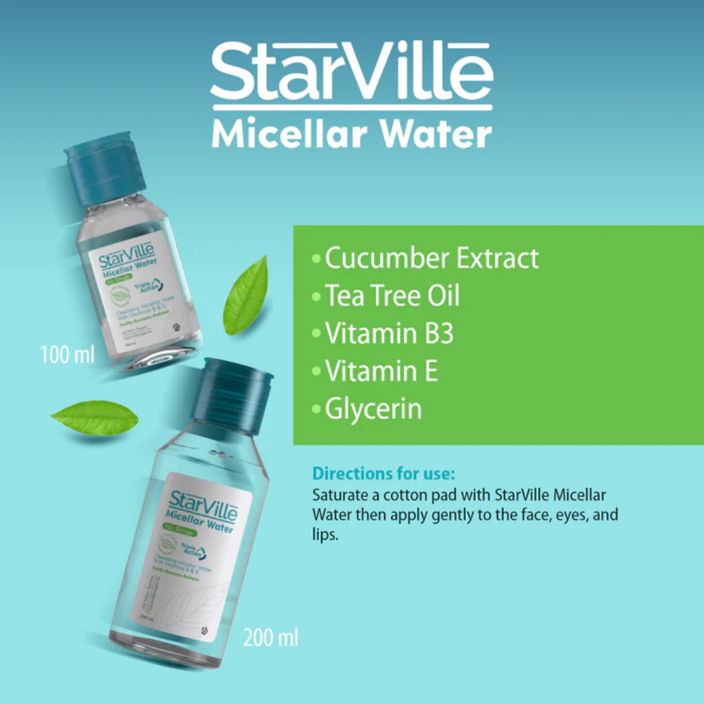 Starville Micellar Water 100ml facial cleanser in a clear bottle with a white cap, suitable for gentle skin cleansing.