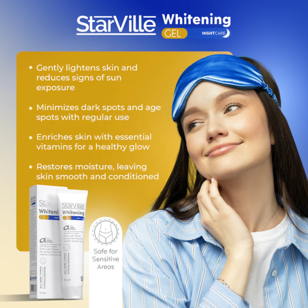 Starville Whitening Night Care Gel 60g, facial care product in a white tube with blue accents, designed for nighttime skin brightening.