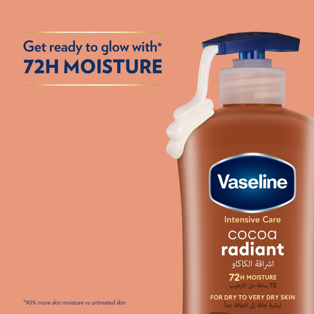 Vaseline Intensive Care Cocoa Radiant body lotion with pure cocoa butter for natural glow and smooth skin.