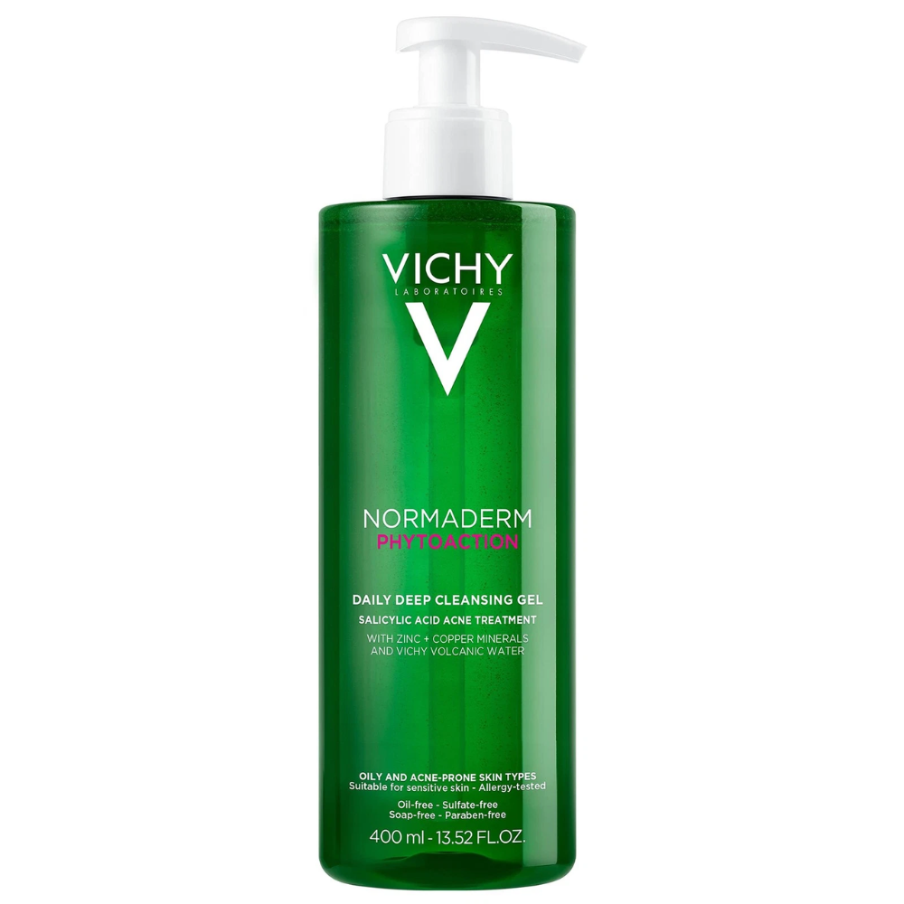 Vichy Normaderm Phytosolution purifying cleansing gel in a gray 400ml bottle, designed for facial skin care and deep cleansing.