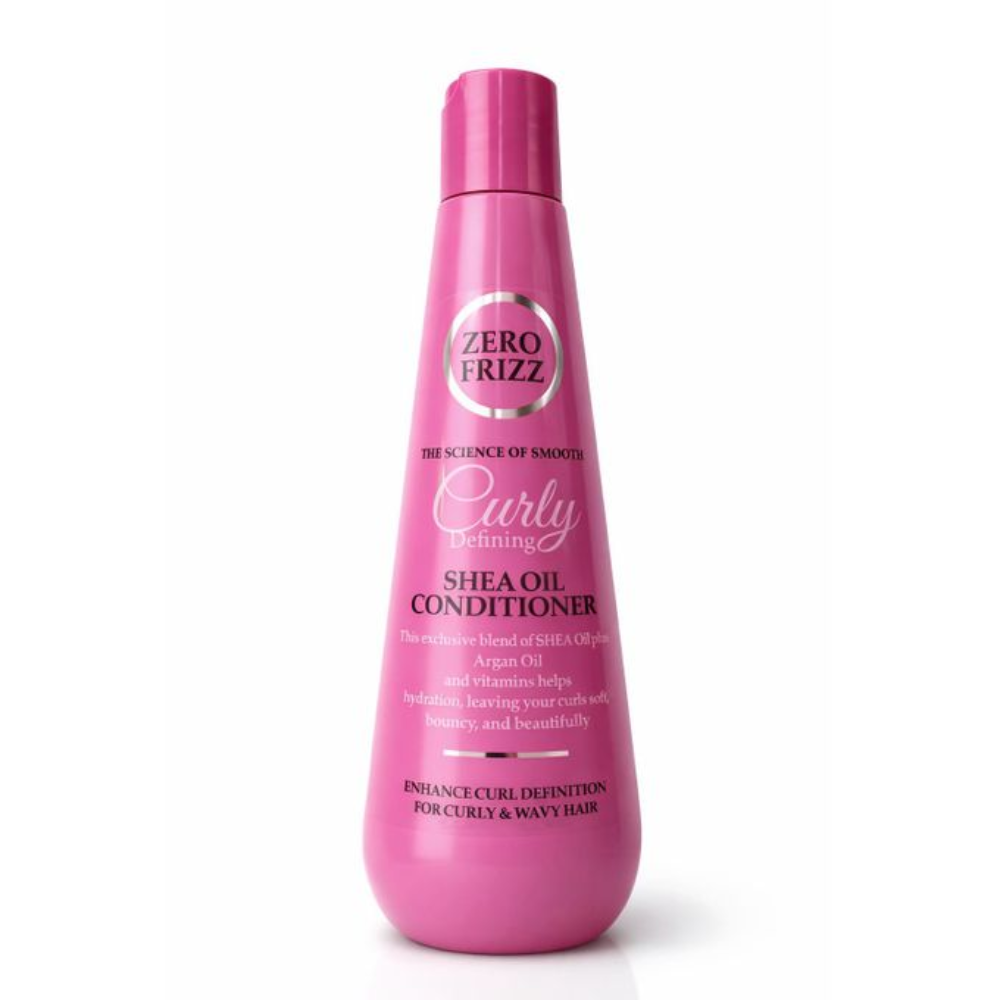 Zero Frizz Curly Defining Shea Oil Conditioner 355ml bottle with pump for smooth, frizz-free curly hair care.