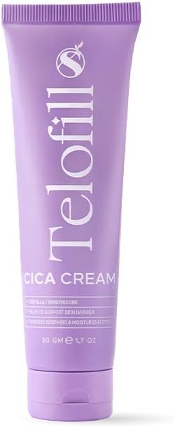 Telofill Cica Cream 50g facial care jar with soothing barrier repair cream, featuring a white and green packaging design.