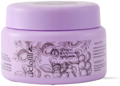 Telofill Defining & Nourishing Hair Mask 300g, deep treatment for dry and curly hair, showing the product jar with textured hair in the background.