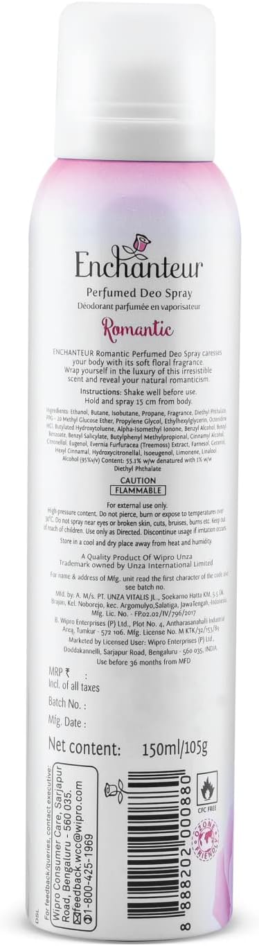 Enchanteur Romantic Perfumed Deo Spray 150ml | Floral Fragrance & Odor Protection