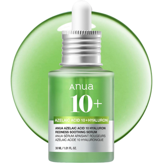 Anua Azelaic Acid 10 and Hyaluronic Acid facial serum in a 30ml bottle, designed to soothe redness and improve skin clarity.
