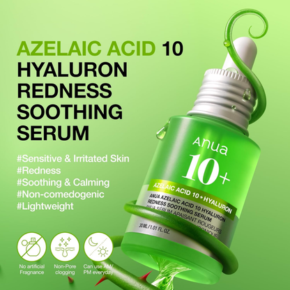 Anua Azelaic Acid 10 Hyaluron redness soothing facial serum in a 30ml bottle, designed to calm and hydrate skin.