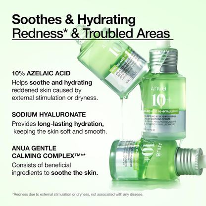 ANUA Azelaic Acid 10 Hyaluron Redness Soothing Serum in 30ml bottle, facial care product for redness and skin soothing.