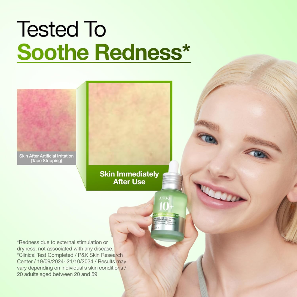 Anua Azelaic Acid 10 Hyaluron Redness Soothing Facial Serum in a 30ml bottle, designed to calm and hydrate skin.