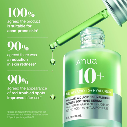 Anua Azelaic Acid 10 Hyaluron Redness Soothing Facial Serum 30ml with clear packaging and pump dispenser, designed for skin calming.