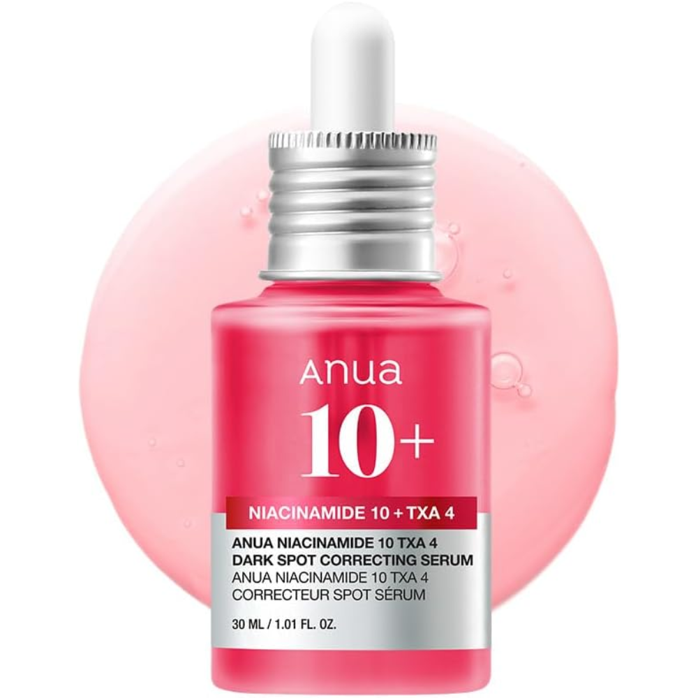 Anua Niacinamide 10% and TXA 4% dark spot correcting serum bottle for facial care, with a sleek design and label details.