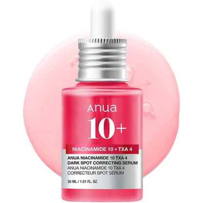 Anua Niacinamide 10% and TXA 4% dark spot correcting serum bottle for facial care, with a sleek design and label details.