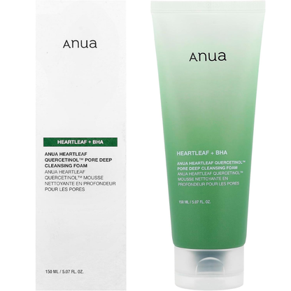 Anua Heartleaf Quercetinol Pore Deep Cleansing Foam 150ml facial care product showing the foam and packaging.