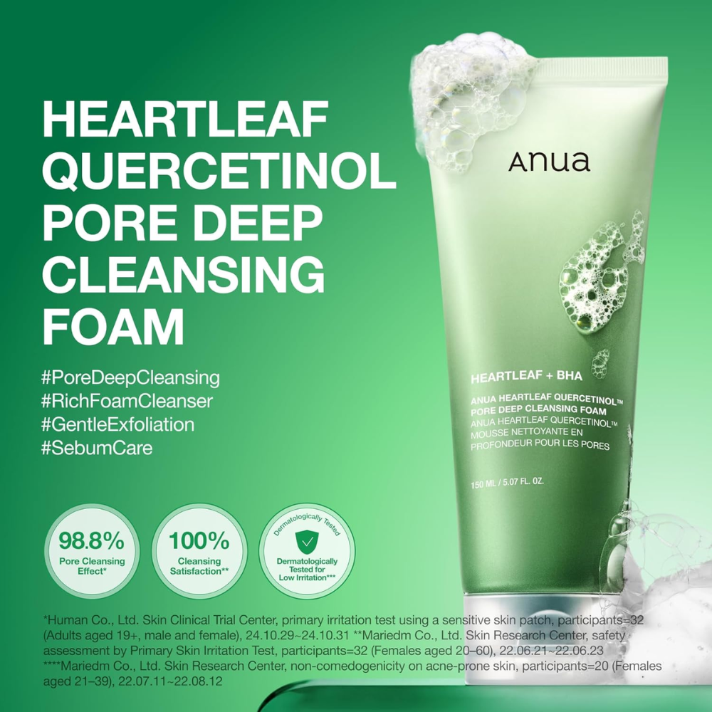 Anua Heartleaf Quercetinol pore deep cleansing foam in a 150ml bottle, designed for facial skin care and deep pore cleaning.