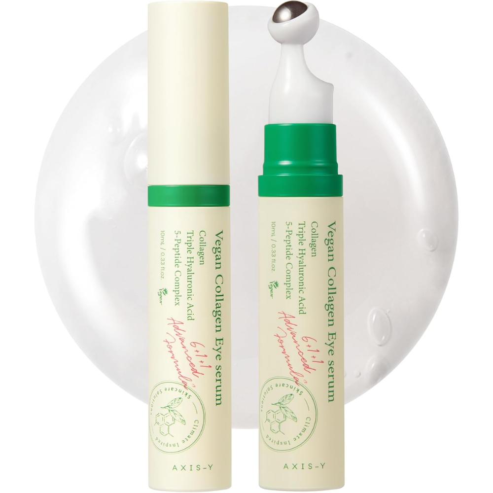 Vegan collagen eye serum in a 10ml bottle, designed for facial care, with a sleek packaging and dropper applicator.
