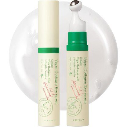 Vegan collagen eye serum in a 10ml bottle, designed for facial care, with a sleek packaging and dropper applicator.