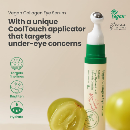 Vegan AXIS-Y Collagen Eye Serum in 10ml bottle, featuring a clear glass container with a dropper applicator for facial skincare.