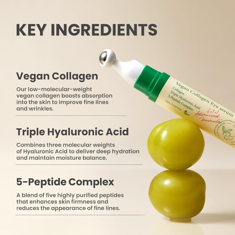 AXIS-Y Vegan Collagen Eye Serum in a 10ml bottle, facial care product for reducing puffiness and fine lines around the eyes.