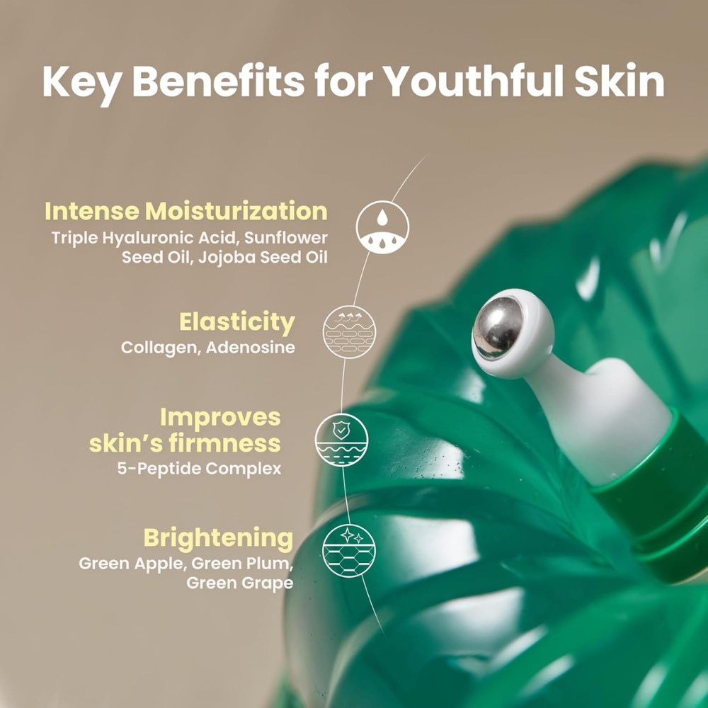 Vegan collagen eye serum in a 10ml bottle with a sleek pump dispenser, designed for facial care and reducing under-eye signs.