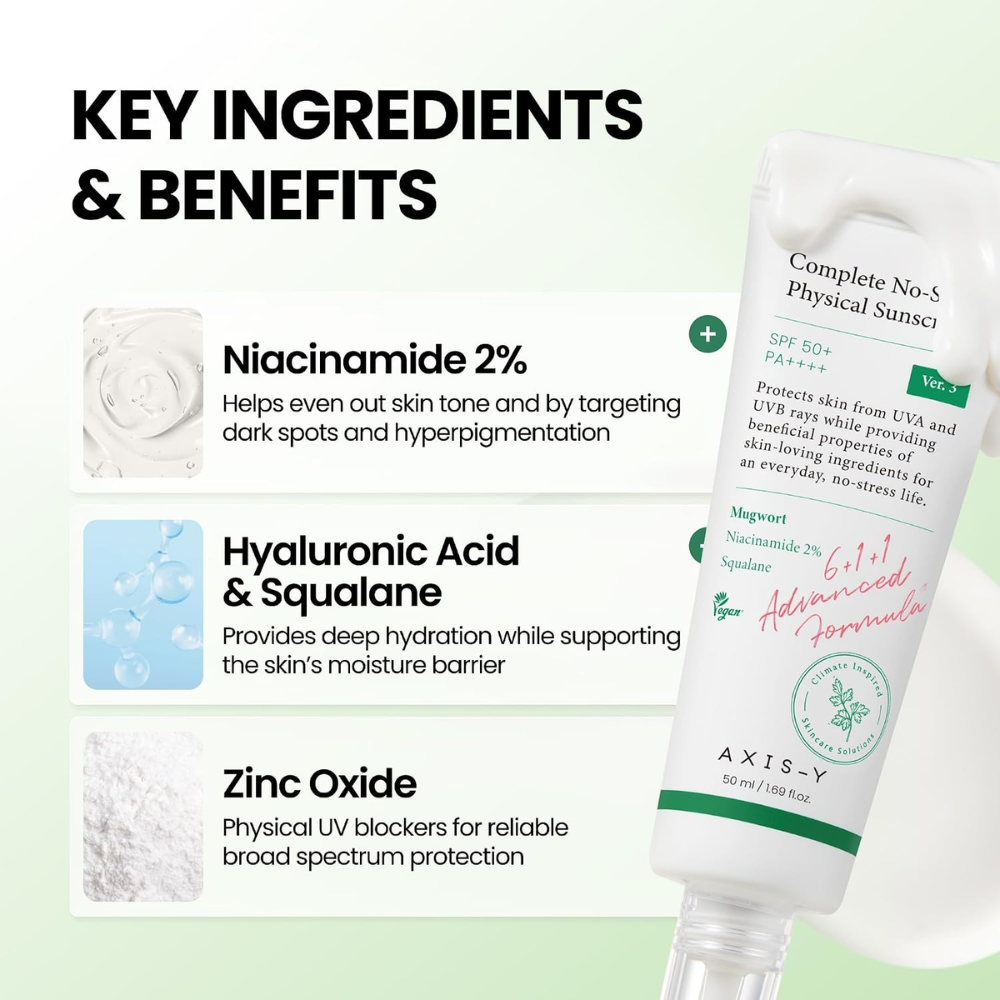 AXIS-Y Complete No-Stress Physical Sunscreen SPF 50+ PA 50ml | Mineral Sunscreen