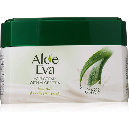 Eva Aloe Eva Hair Styling Cream with Aloe Vera, 185g, shown in a jar with creamy texture and fresh aloe vera leaves.