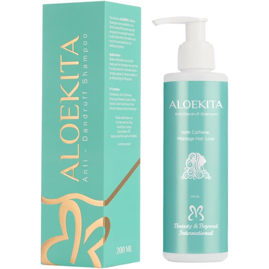 Aloekita anti-dandruff shampoo bottle, 200ml, in a hair care product image with a clean, professional label design.