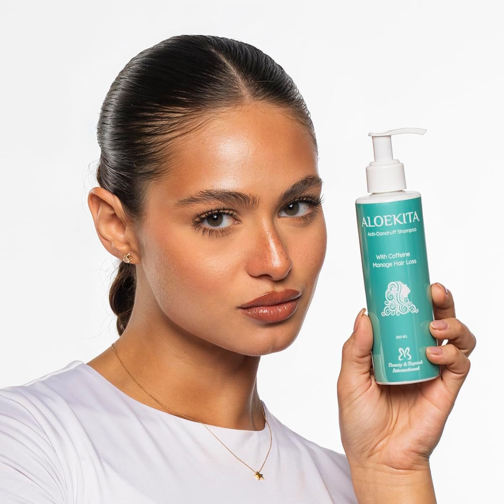 Aloekita anti-dandruff shampoo in a 200ml bottle, designed for hair care and dandruff relief.