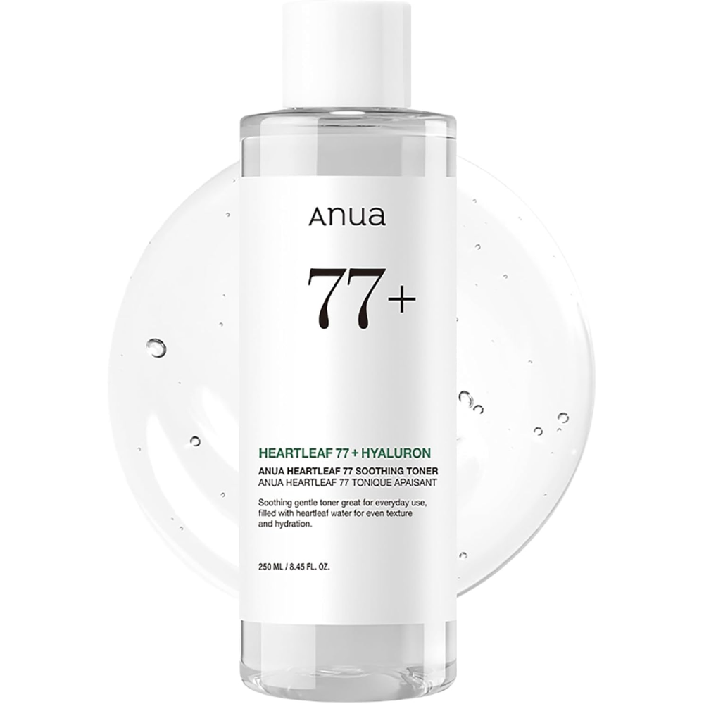 Anua Heartleaf 77% Soothing Toner in 250ml bottle, facial care product for calming and hydrating skin.