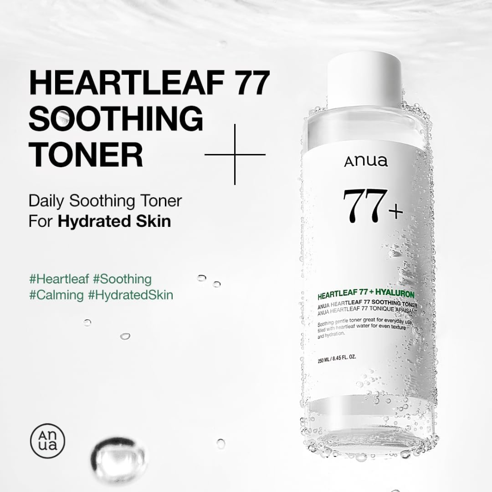 Anua Heartleaf 77% soothing toner in a 250ml bottle, facial care product with a clear label and minimalist design.