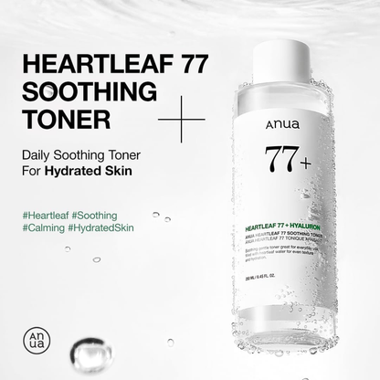 Anua Heartleaf 77% soothing toner in a 250ml bottle, facial care product with a clear label and minimalist design.